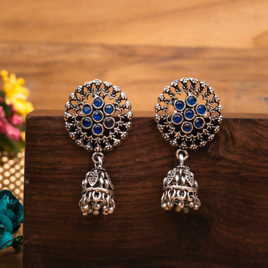 Blue Stone Studded Oxidised Earrings With Hanging Jhumki