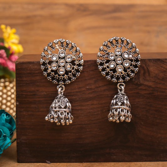 White Stone Studded Oxidised Earrings With Hanging Jhumki