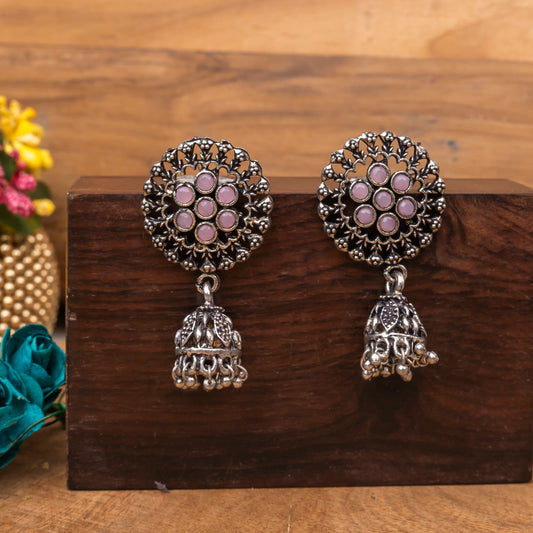 Baby Pink Stone Studded Oxidised Earrings With Hanging Jhumki