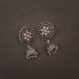 Baby Pink Stone Studded Oxidised Earrings With Hanging Jhumki