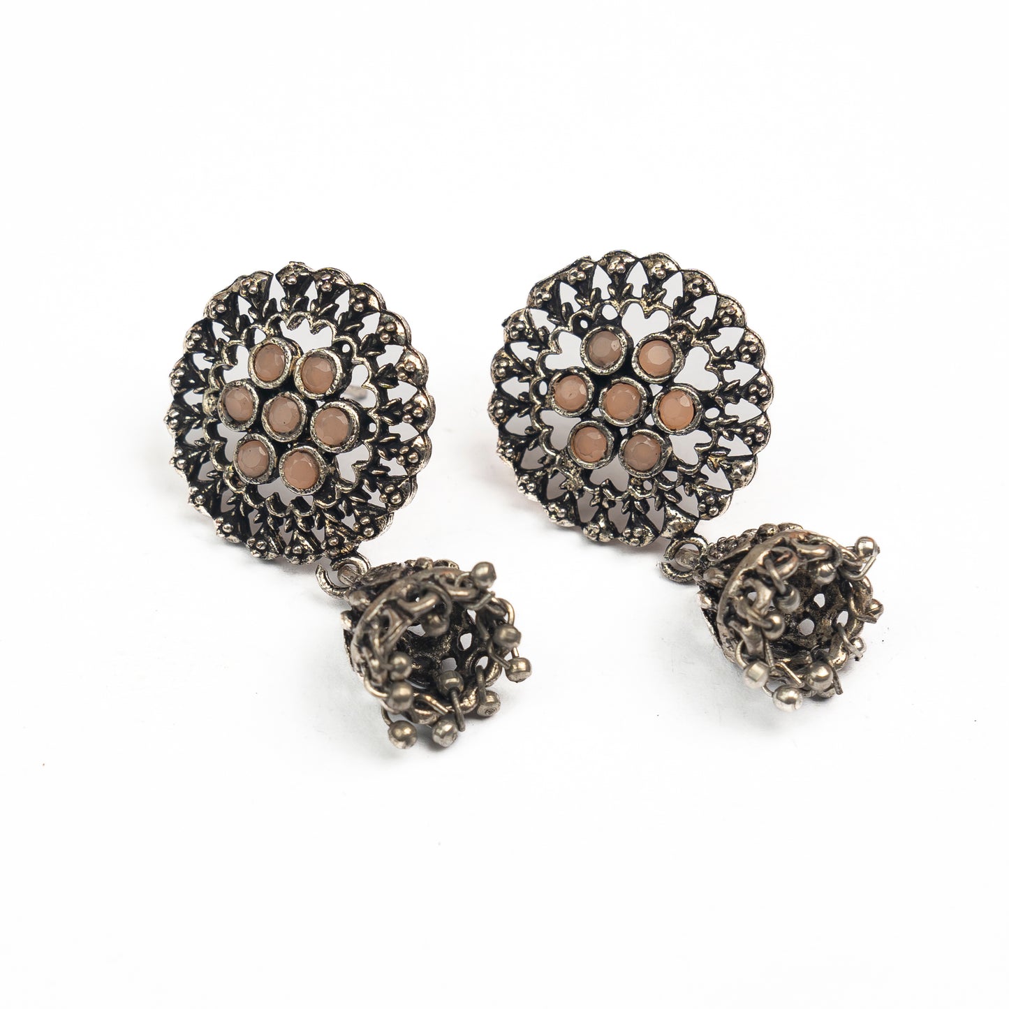 Light Orangish Stone Studded Oxidised Earrings With Hanging Jhumki