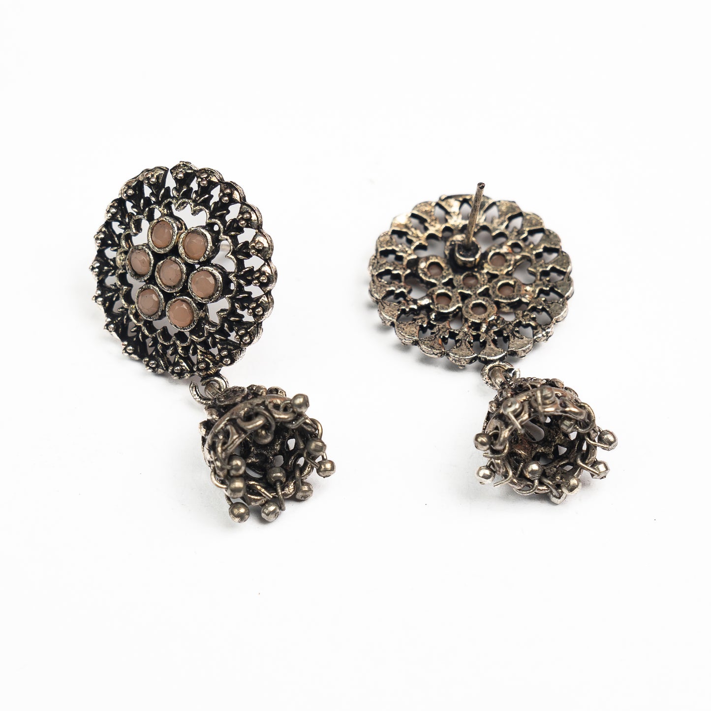 Light Orangish Stone Studded Oxidised Earrings With Hanging Jhumki