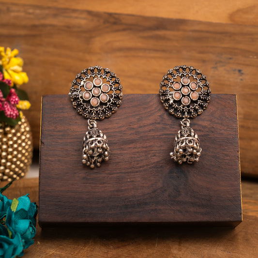 Light Orangish Stone Studded Oxidised Earrings With Hanging Jhumki