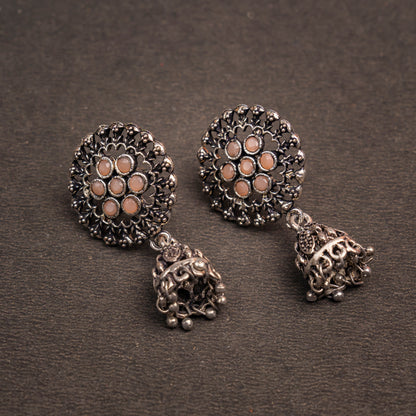 Light Orangish Stone Studded Oxidised Earrings With Hanging Jhumki