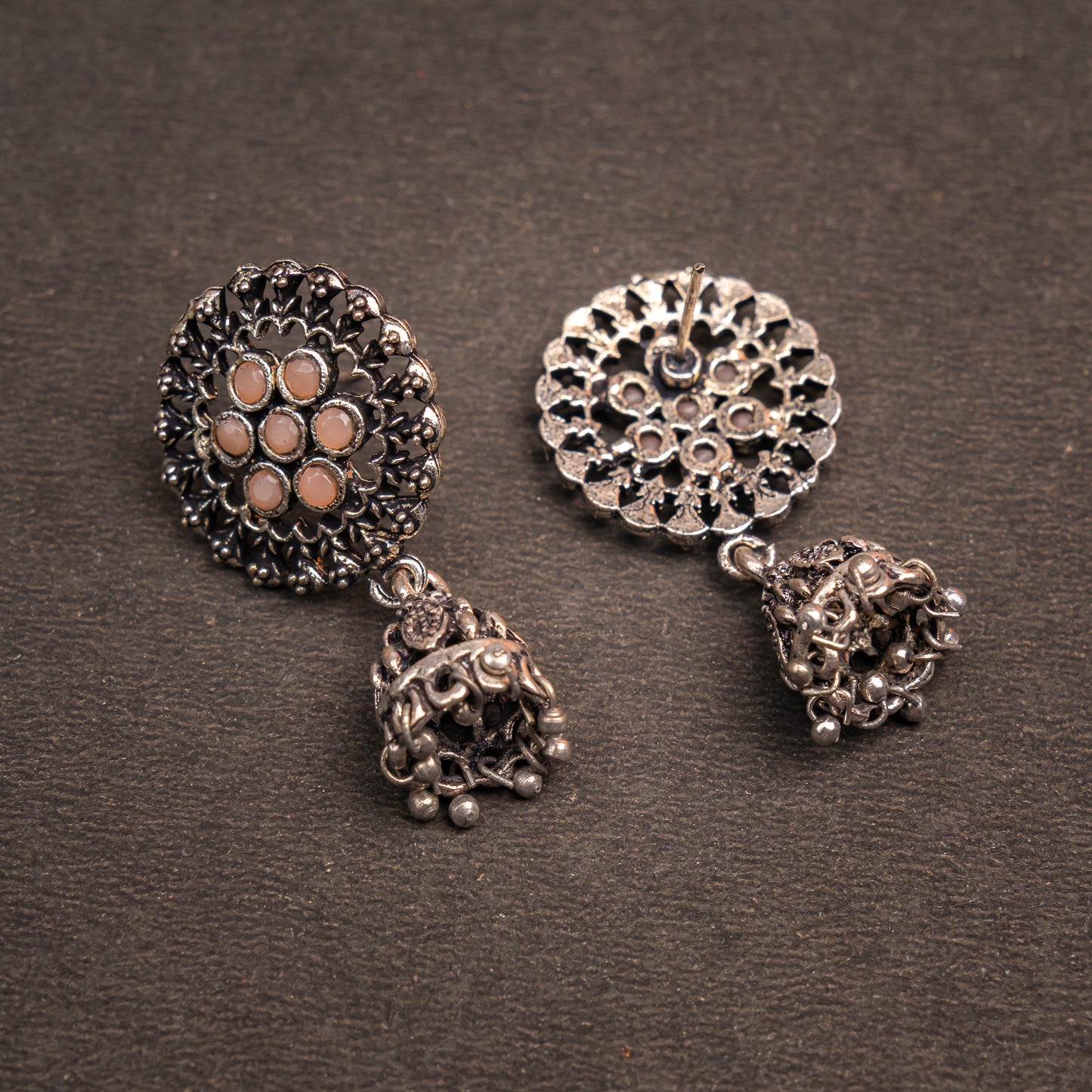 Light Orangish Stone Studded Oxidised Earrings With Hanging Jhumki