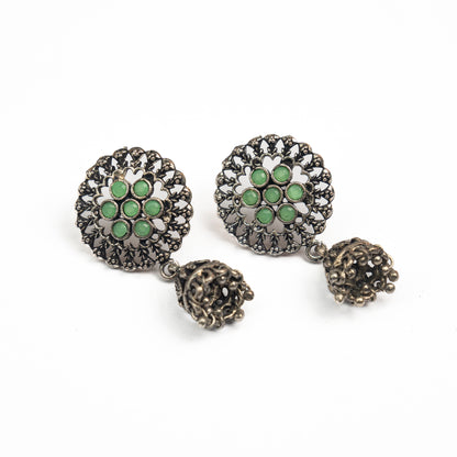 Mint Stone Studded Oxidised Earrings With Hanging Jhumki