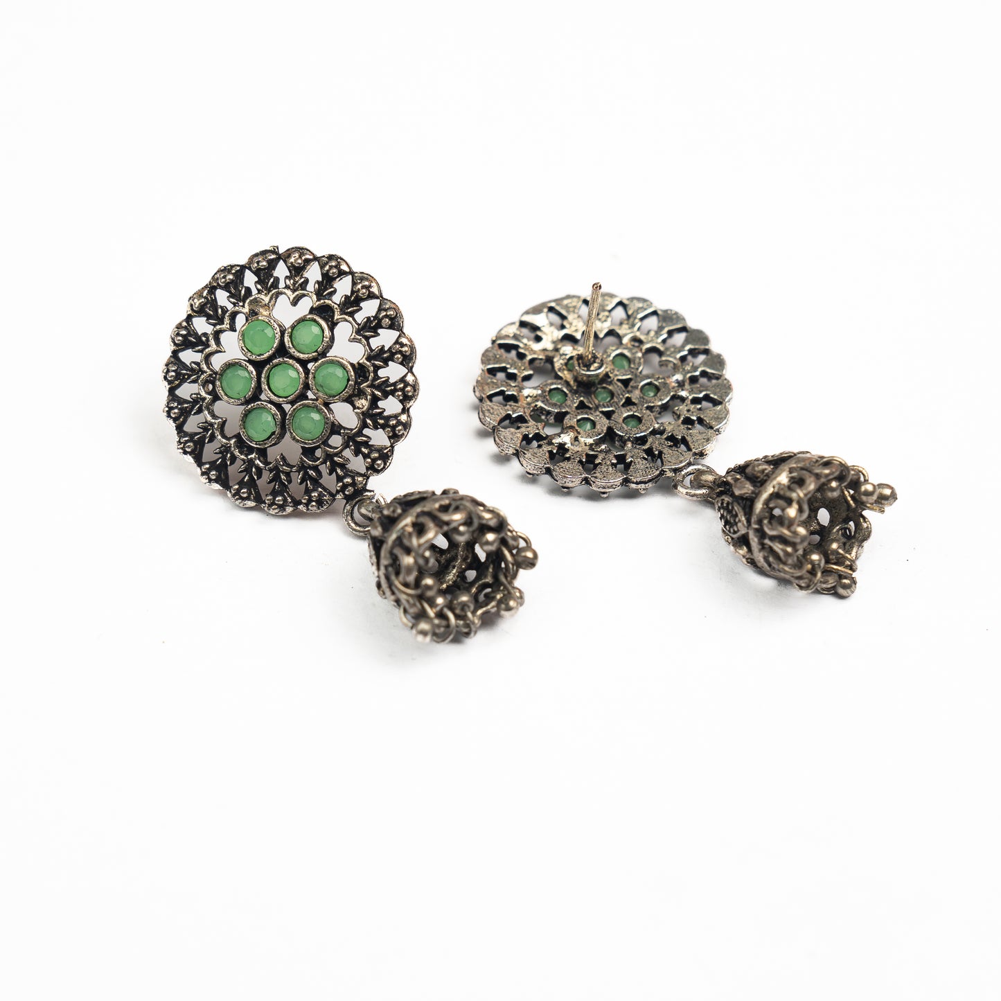 Mint Stone Studded Oxidised Earrings With Hanging Jhumki