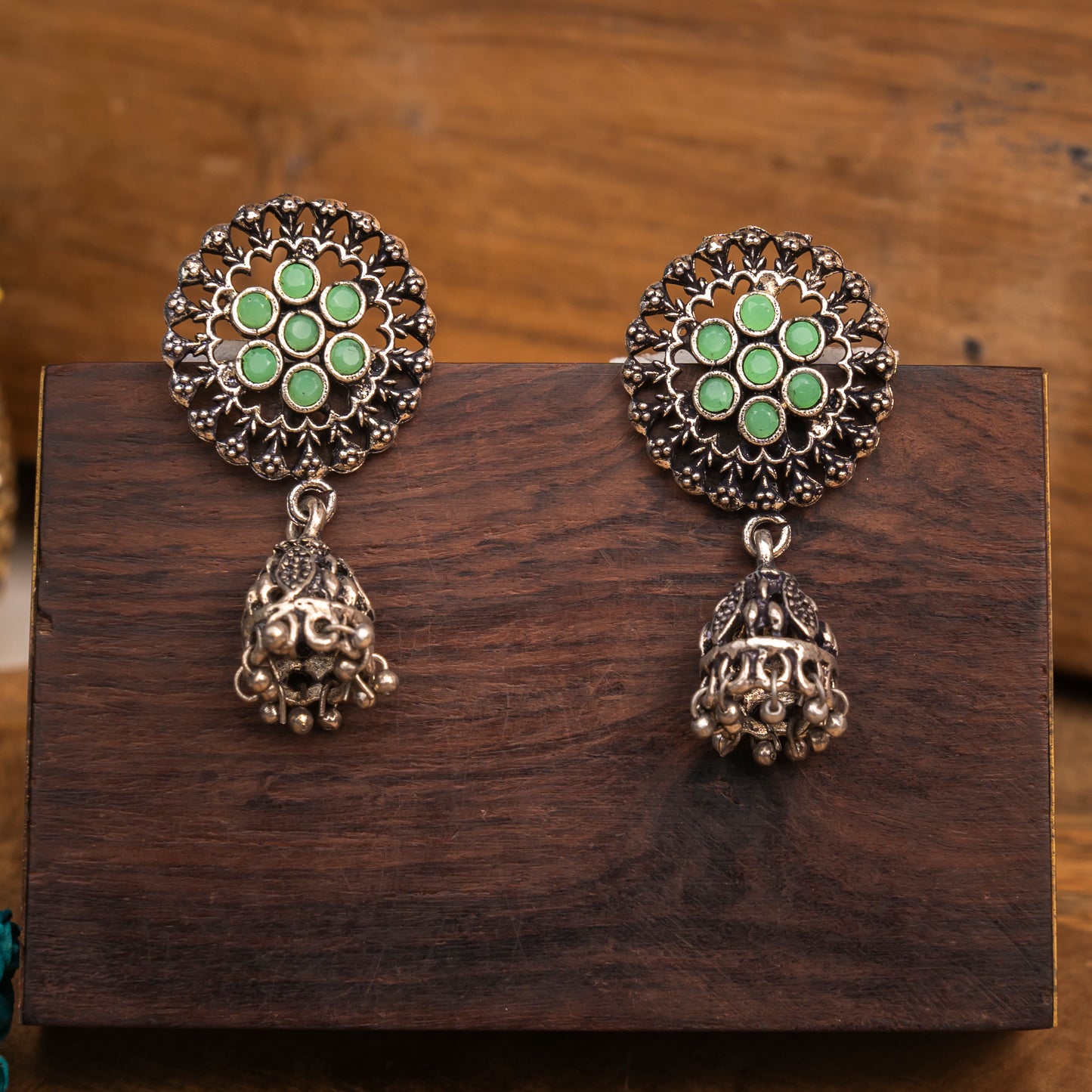 Mint Stone Studded Oxidised Earrings With Hanging Jhumki