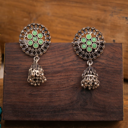 Mint Stone Studded Oxidised Earrings With Hanging Jhumki