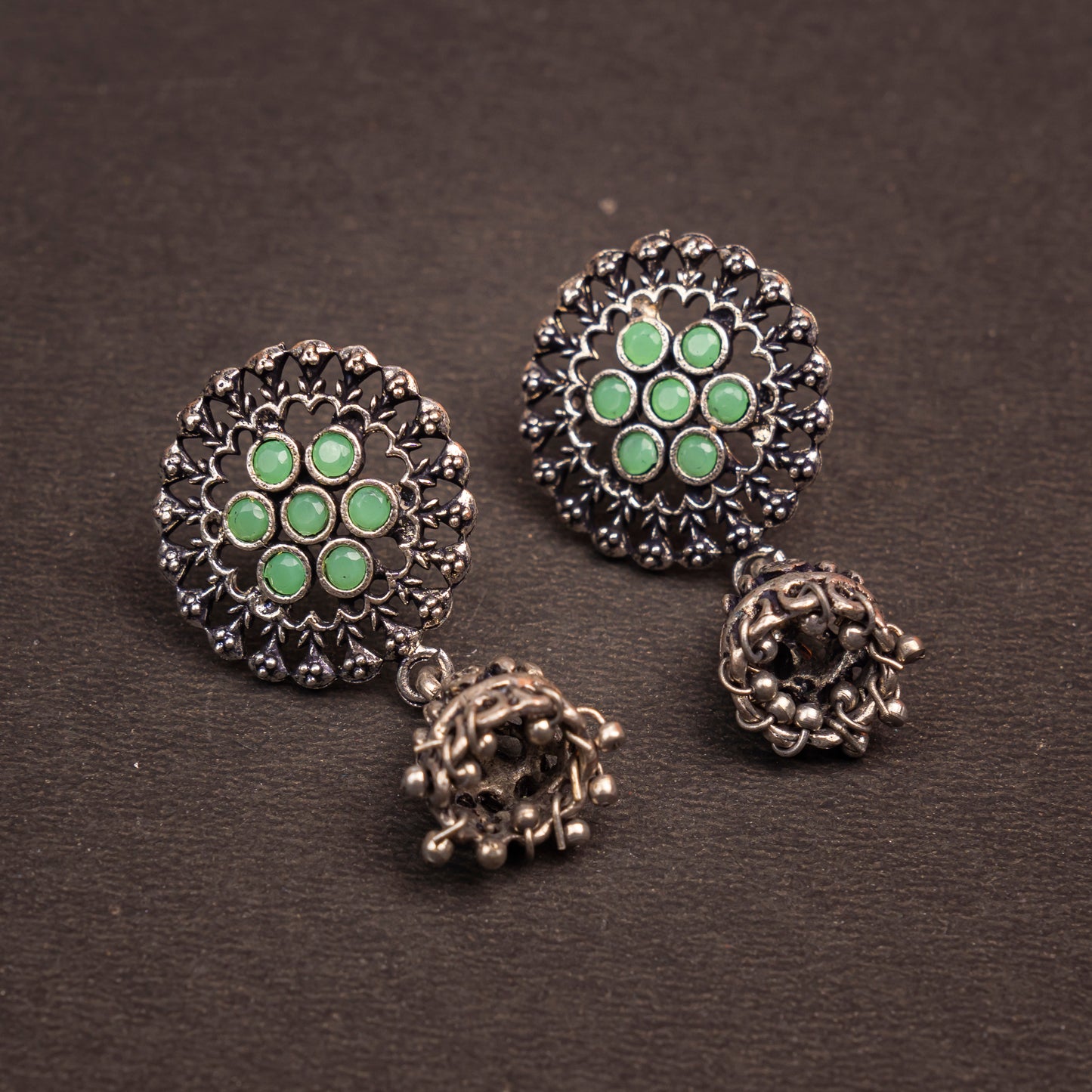 Mint Stone Studded Oxidised Earrings With Hanging Jhumki