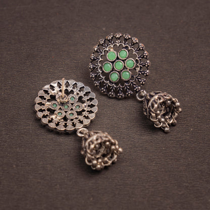 Mint Stone Studded Oxidised Earrings With Hanging Jhumki