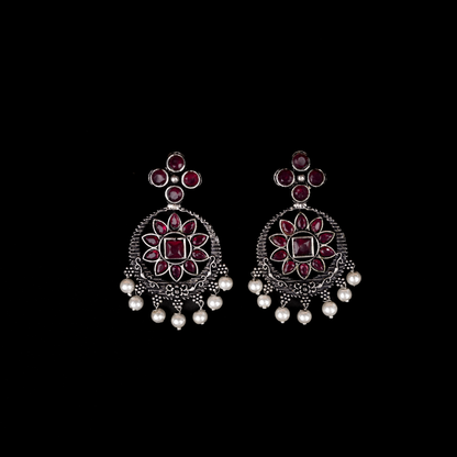 Red Stone Studded German Silver Stud Earrings With Hanging Pearls