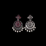 Red Stone Studded German Silver Stud Earrings With Hanging Pearls