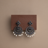 Black Stone Studded German Silver Stud Earrings With Hanging Pearls