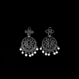 Black Stone Studded German Silver Stud Earrings With Hanging Pearls