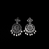 Black Stone Studded German Silver Stud Earrings With Hanging Pearls