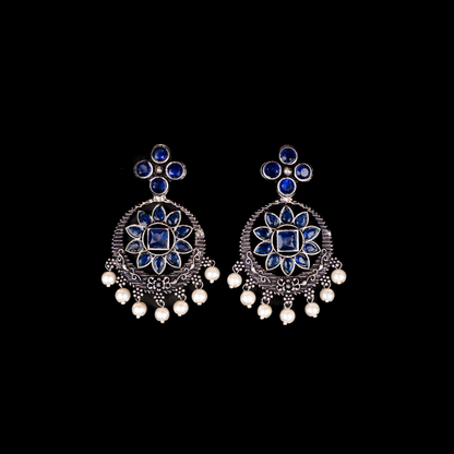 Blue Stone Studded German Silver Stud Earrings With Hanging Pearls