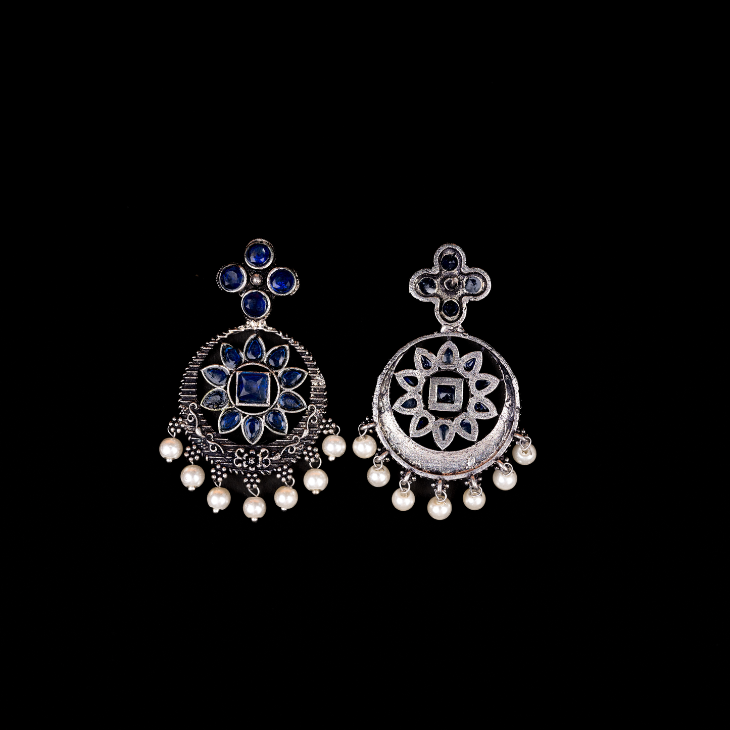 Blue Stone Studded German Silver Stud Earrings With Hanging Pearls