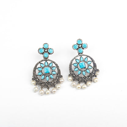 Sky Blue Stone Studded German Silver Stud Earrings With Hanging Pearls