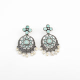 Mint Stone Studded German Silver Stud Earrings With Hanging Pearls