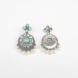 Mint Stone Studded German Silver Stud Earrings With Hanging Pearls