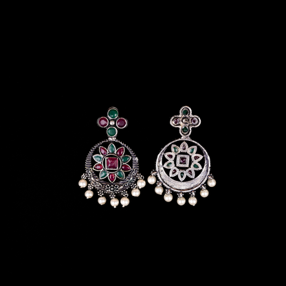 Multicolored Stone Studded German Silver Stud Earrings With Hanging Pearls