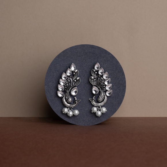 White Stone Studded Peacock Motif Stud Earrings With Hanging Pearls