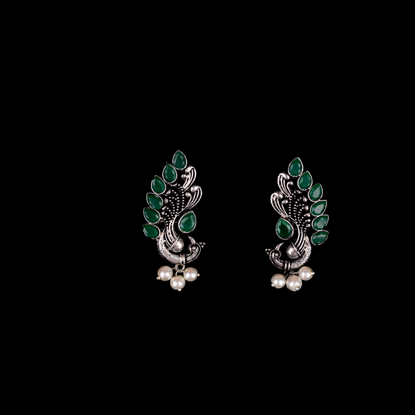 Green Stone Studded Peacock Motif Stud Earrings With Hanging Pearls