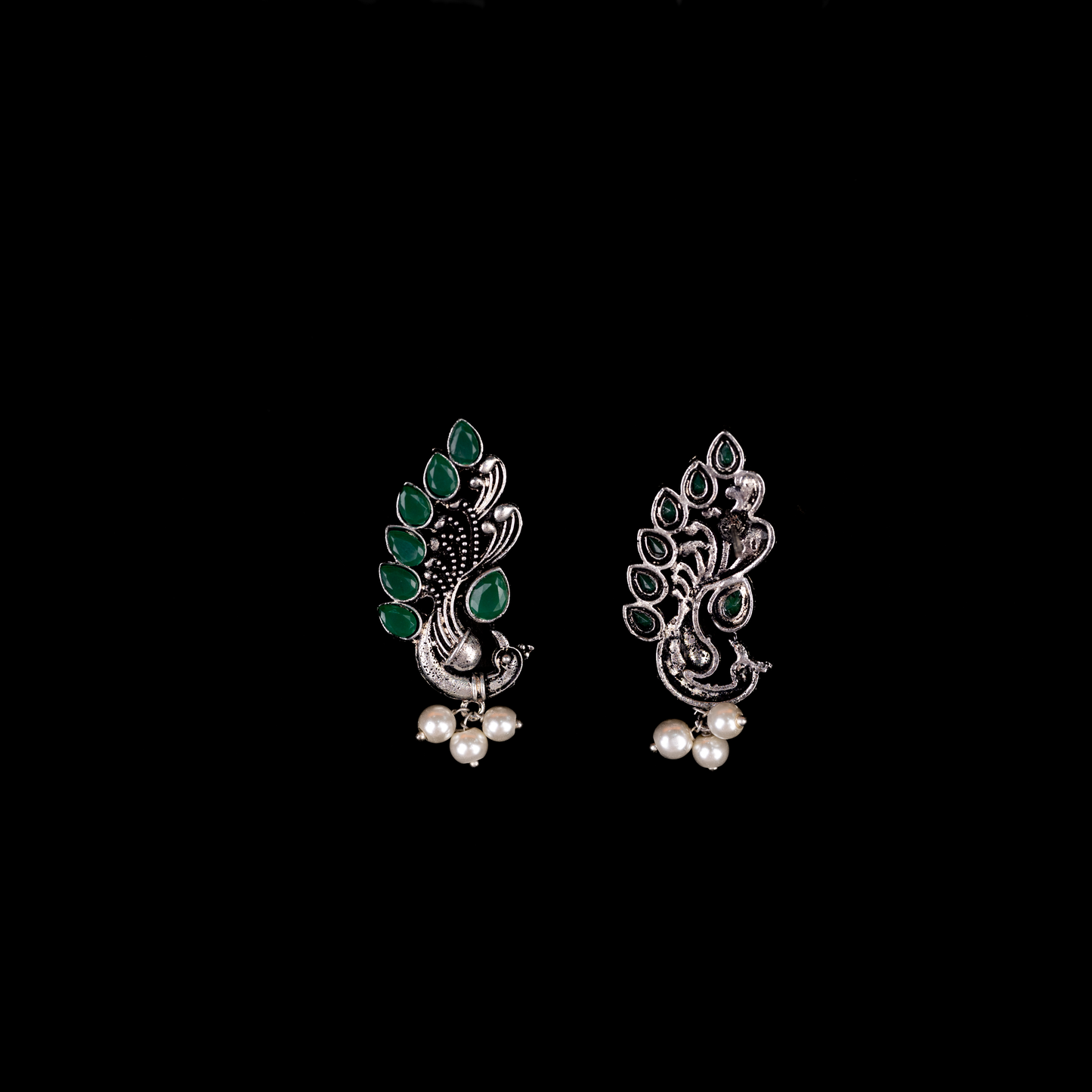 Green Stone Studded Peacock Motif Stud Earrings With Hanging Pearls