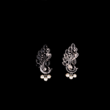 Black Stone Studded Peacock Motif Stud Earrings With Hanging Pearls