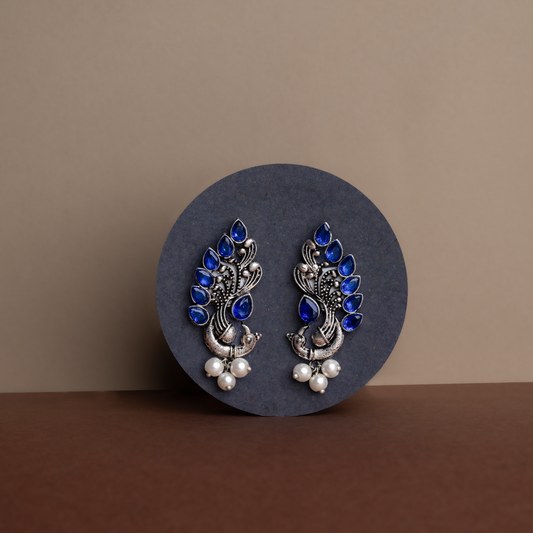 Blue Stone Studded Peacock Motif Stud Earrings With Hanging Pearls