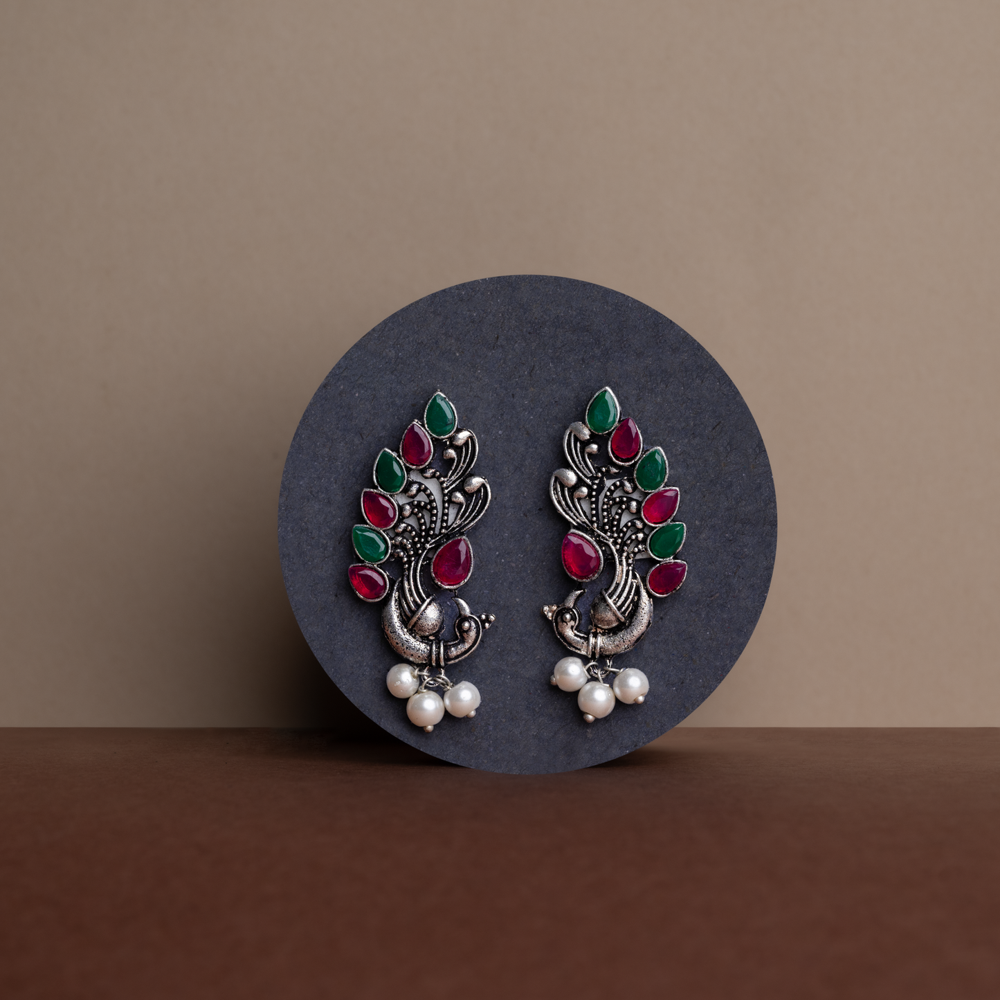 Multicolored Stone Studded Peacock Motif Stud Earrings With Hanging Pearls