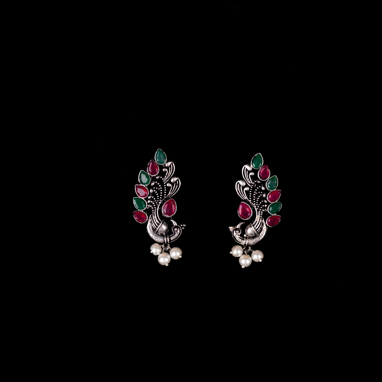 Multicolored Stone Studded Peacock Motif Stud Earrings With Hanging Pearls