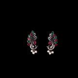 Multicolored Stone Studded Peacock Motif Stud Earrings With Hanging Pearls
