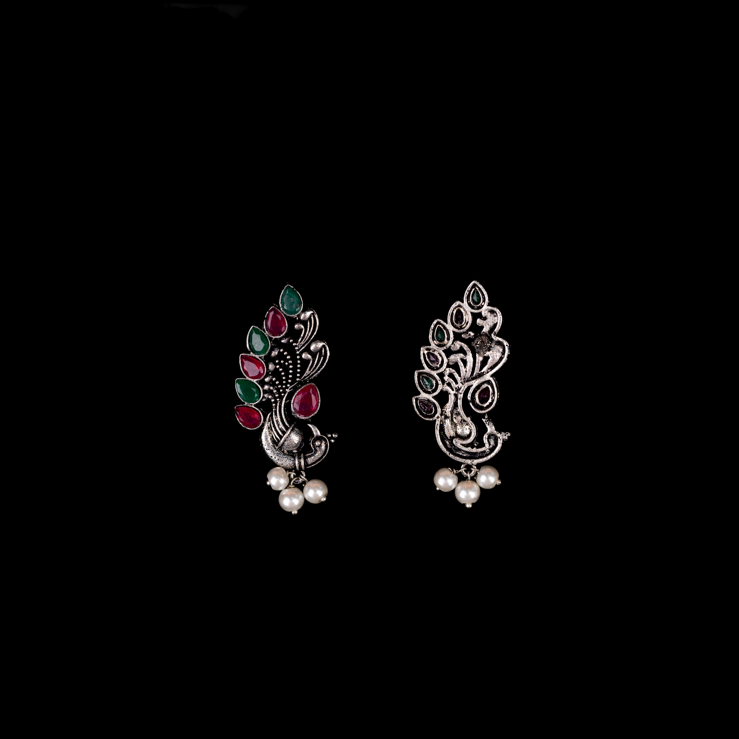 Multicolored Stone Studded Peacock Motif Stud Earrings With Hanging Pearls