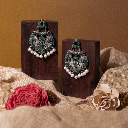 Green Stone Studded Oxidised Earrings With Hanging Pearls