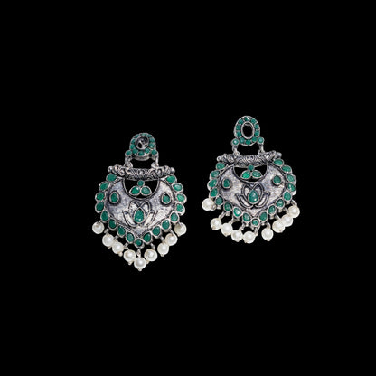 Green Stone Studded Oxidised Earrings With Hanging Pearls