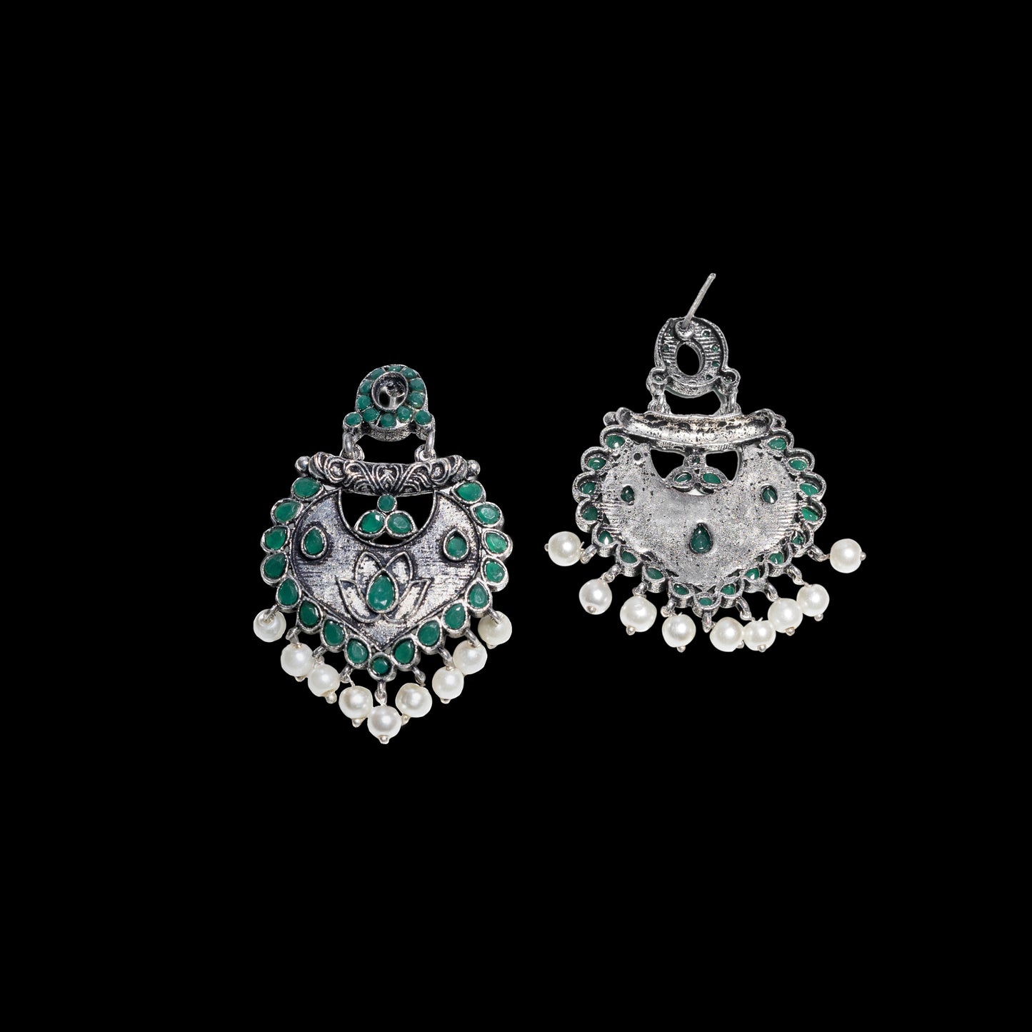 Green Stone Studded Oxidised Earrings With Hanging Pearls