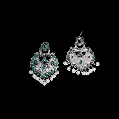 Green Stone Studded Oxidised Earrings With Hanging Pearls