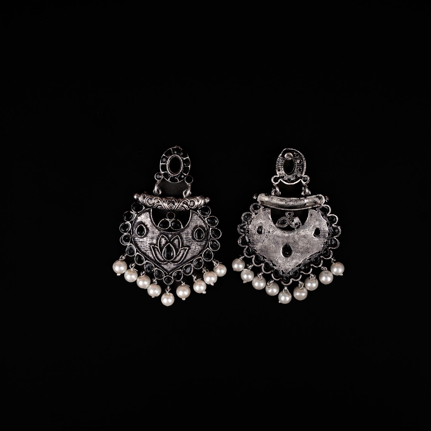 Black Stone Studded Oxidised Earrings With Hanging Pearls