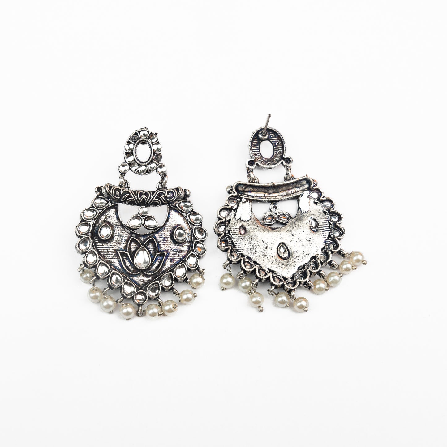 White Stone Studded Oxidised Earrings With Hanging Pearls