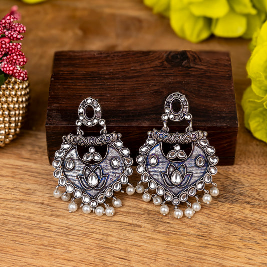 White Stone Studded Oxidised Earrings With Hanging Pearls