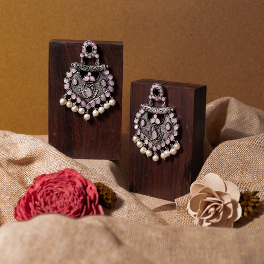 Baby Pink Stone Studded Oxidised Earrings With Hanging Pearls