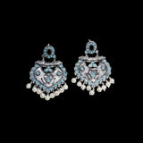 Mint Stone Studded Oxidised Earrings With Hanging Pearls