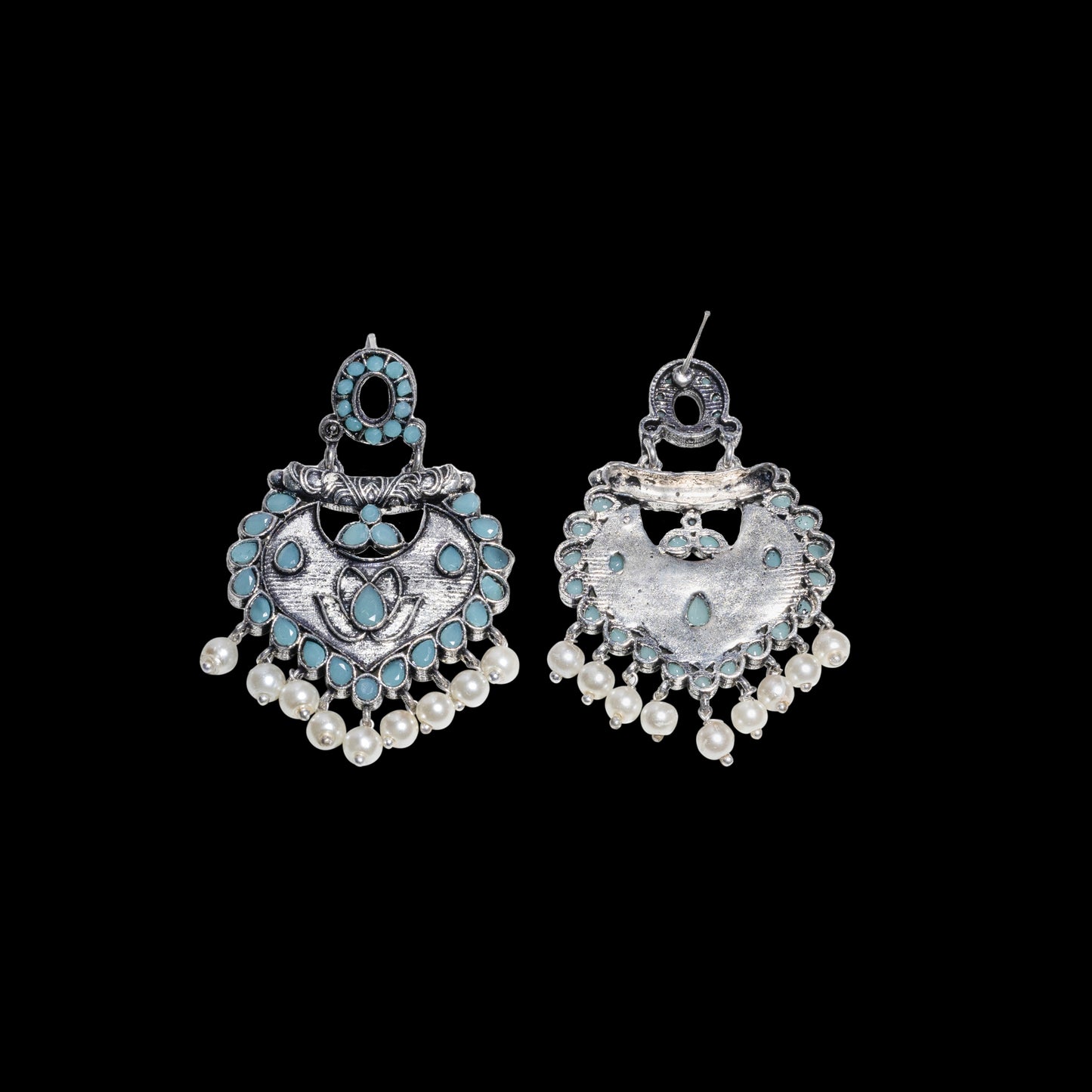 Mint Stone Studded Oxidised Earrings With Hanging Pearls