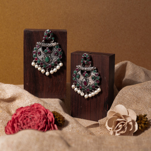 Multicolored Stone Studded Oxidised Earrings With Hanging Pearls