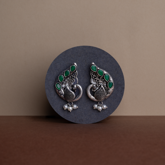 Green Stone Studded Peacock Motif Stud Earrings With Hanging Pearls