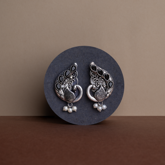 Black Stone Studded Peacock Motif Stud Earrings With Hanging Pearls