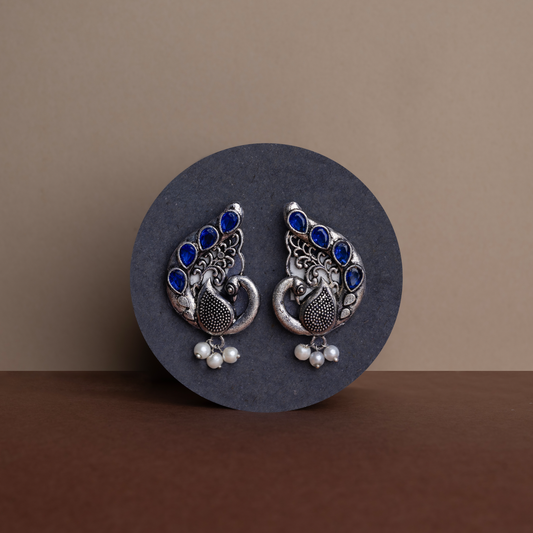 Blue Stone Studded Peacock Motif Stud Earrings With Hanging Pearls