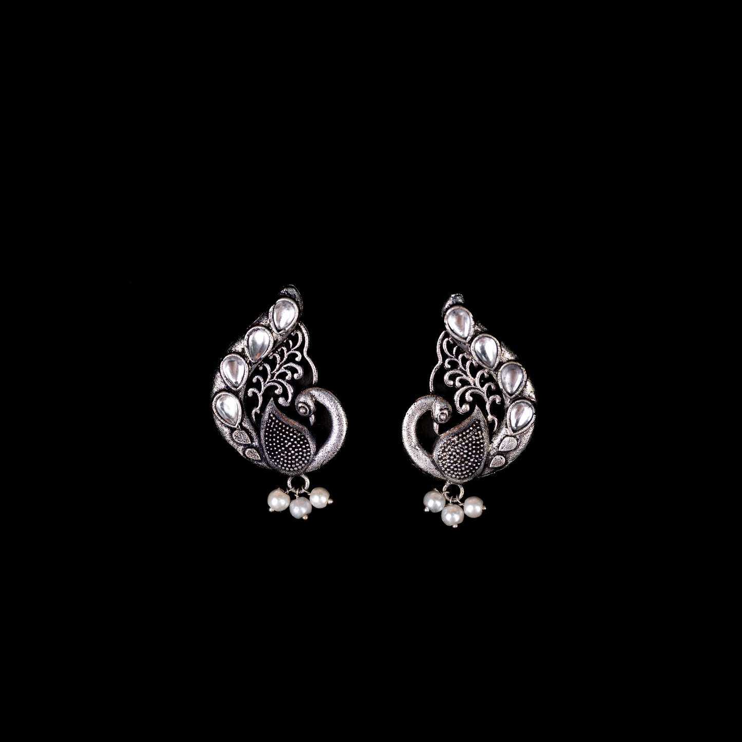 White Stone Studded Peacock Motif Stud Earrings With Hanging Pearls